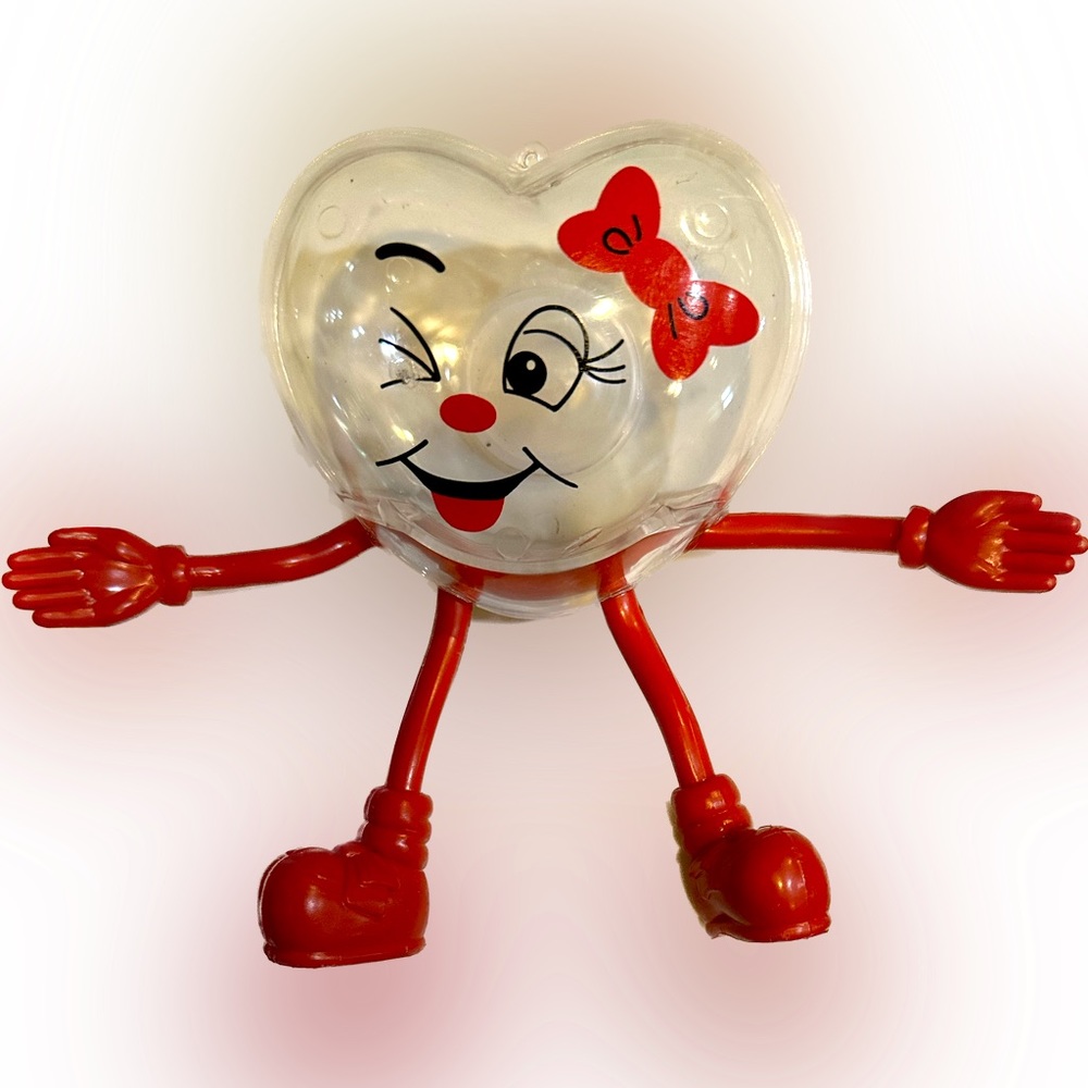 VTG VALENTINE HEART SHAPED MAN BENDY CANDY CONTAINER 7”x5.5”x2” RED BLACK LOVE